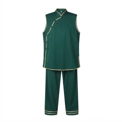Custom Green Tai Chi Martial Arts Uniform Set with Mandarin Collar & Gold Trim – Training Outfit