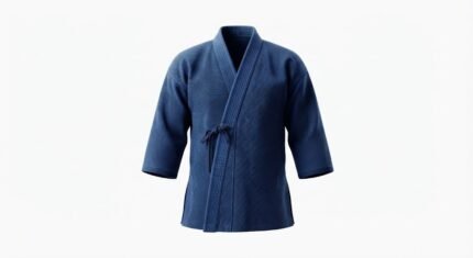 Custom Navy Blue Kendo Martial Arts Jacket with Wrap Front, Textured Fabric & Traditional Tie Closure