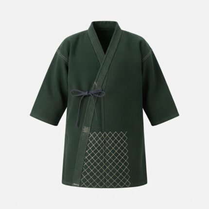 Custom Dark Green Kendo Martial Arts Jacket with Wrap Front, Diamond Pattern Panel & Tie Closure