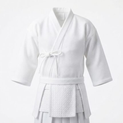 Custom White Kendo Martial Arts Jacket with Textured Fabric, Quilted Waist Panel & Traditional Wrap Front