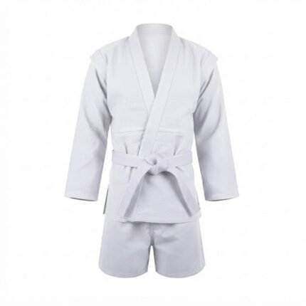 Custom White Sambo Martial Arts Uniform Set with Reinforced Shoulder Panels, Belt & Training Shorts