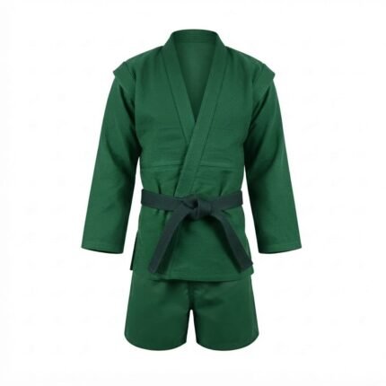 Custom Green Sambo Martial Arts Uniform Set with Reinforced Shoulder Panels, Belt & Training Shorts