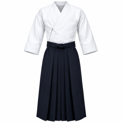 White & Navy Traditional Kendo Uniform with Pleated Hakama