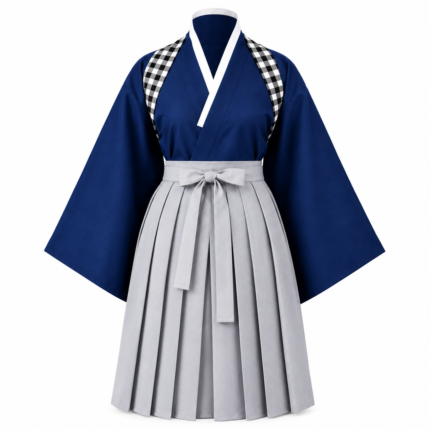 Navy Blue BJJ Kimono-Style Uniform with Grey Pleated Hakama